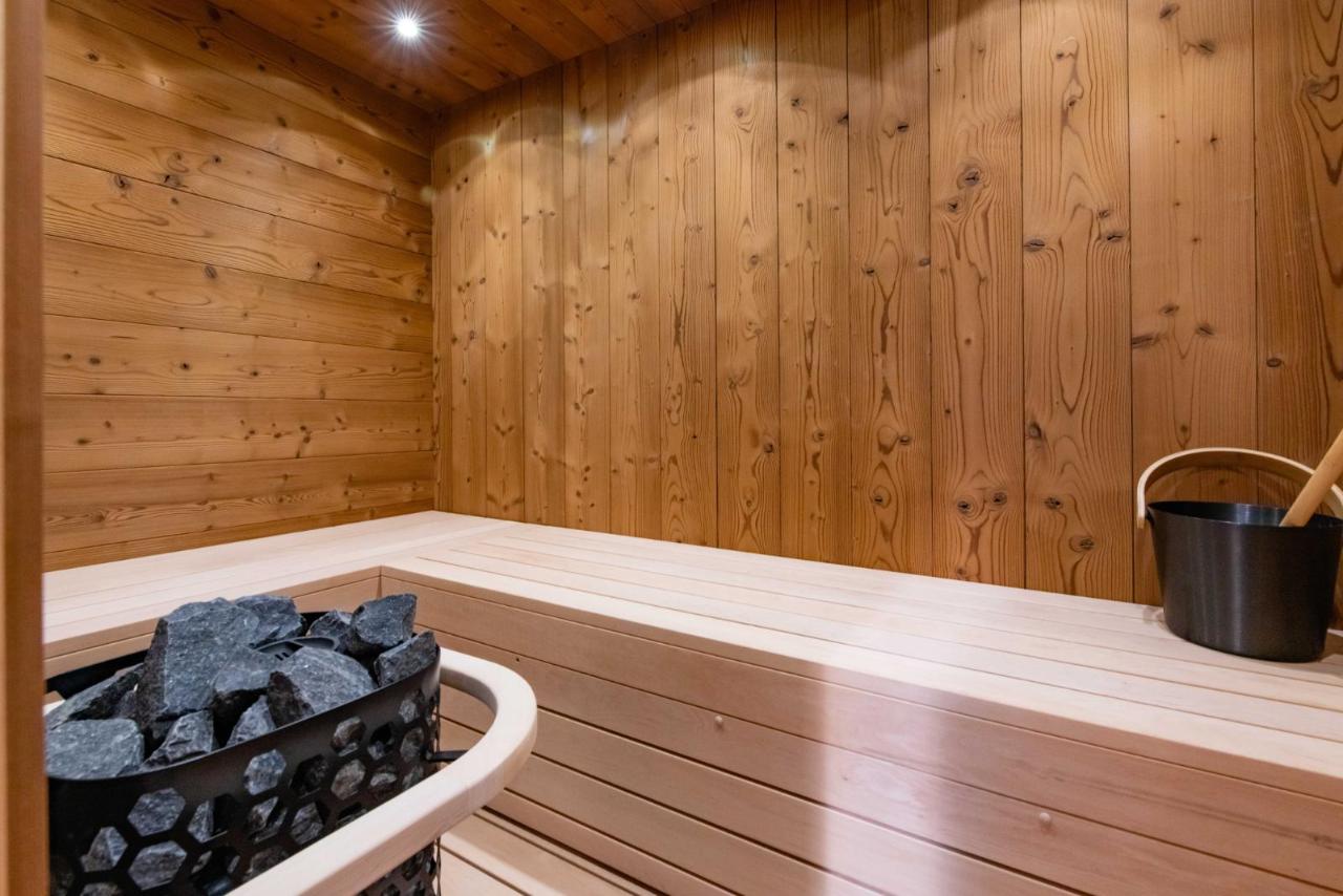 Warm pine interior with L-bench and basket heater